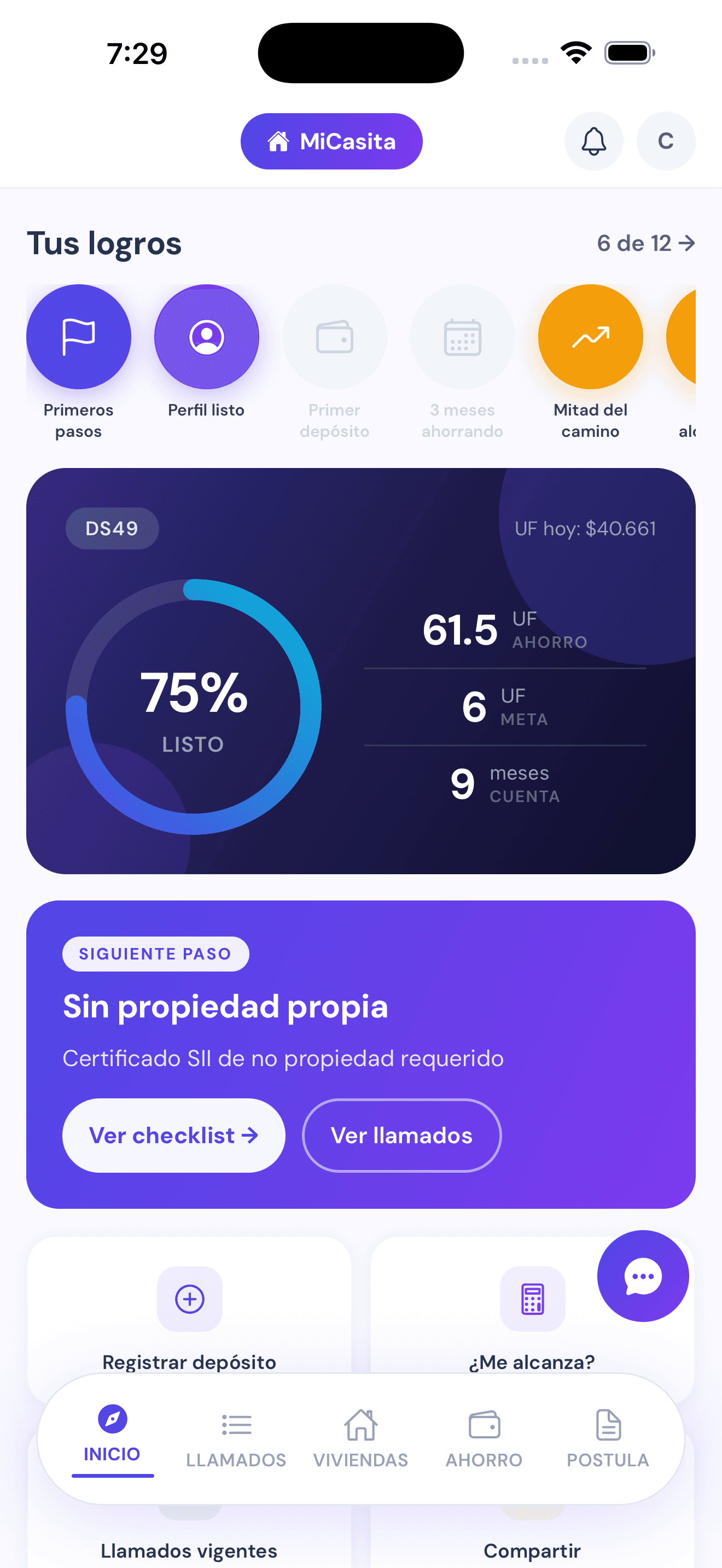 Panel de progreso de la app MiCasita