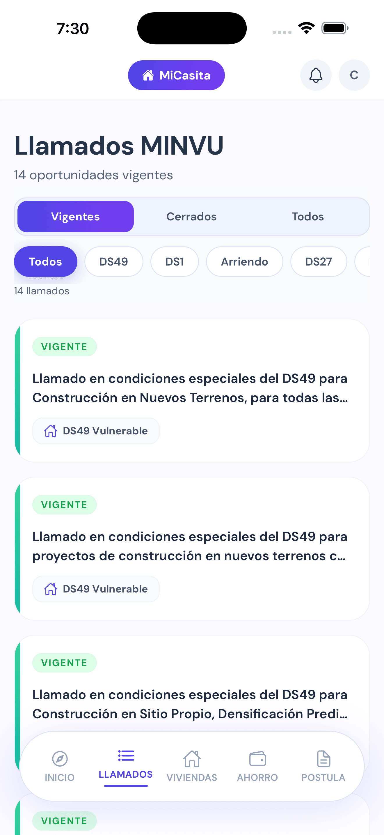 Listado de llamados vigentes MINVU